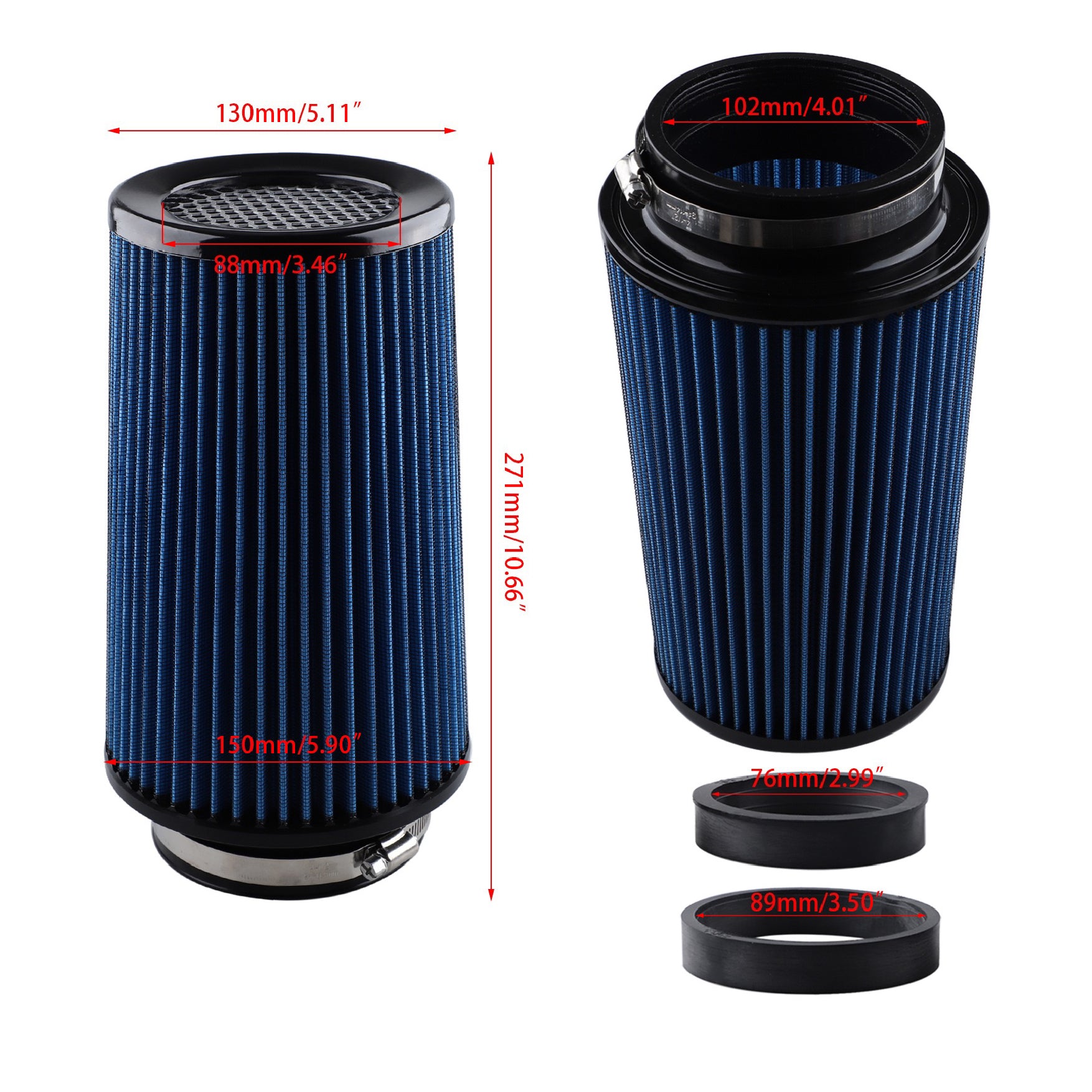 Car modification air filter with high-flow mushroom head filter, intake pipe 76mm, 89mm, 101mm