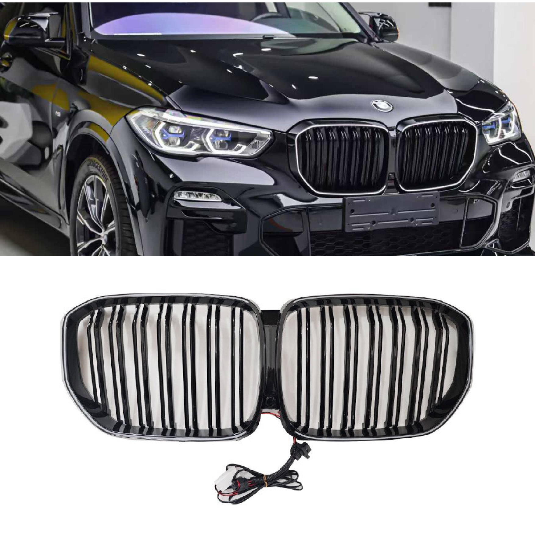BMW X5 frame grille, 2019-2022 model G05, double-line bright black luminescent strip with lights, LED BMW 5 Series modification