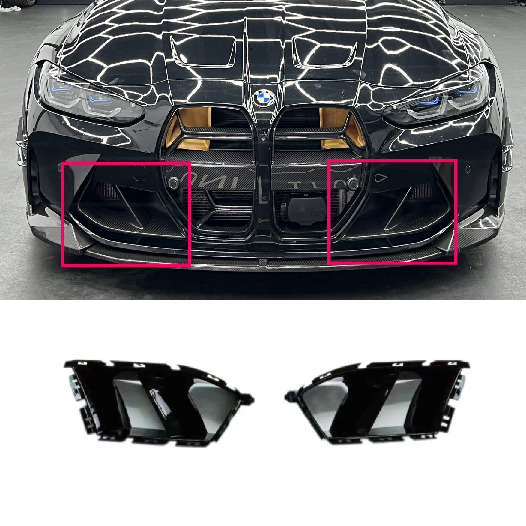 2020-2024 model BMW M3 M4 G80 G82 MP variants with front grille and air intake opening, Imported G80/G82 Air Intake Bar, Gloss Black Modification Parts